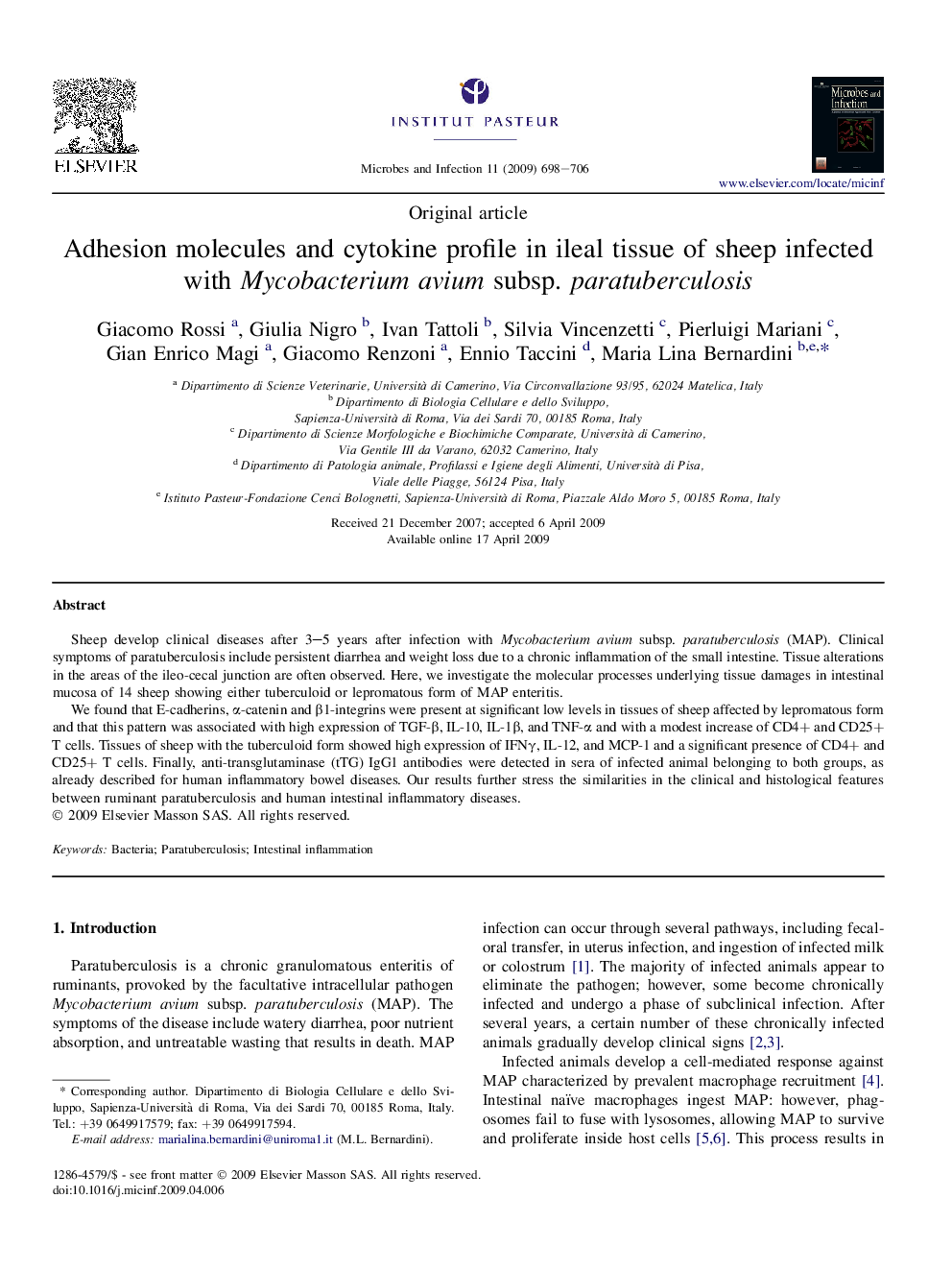 Adhesion molecules and cytokine profile in ileal tissue of sheep infected with Mycobacterium avium subsp. paratuberculosis