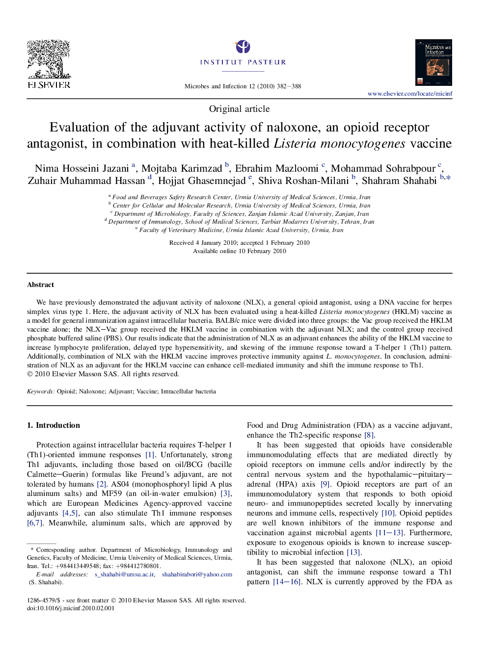 Evaluation of the adjuvant activity of naloxone, an opioid receptor antagonist, in combination with heat-killed Listeria monocytogenes vaccine