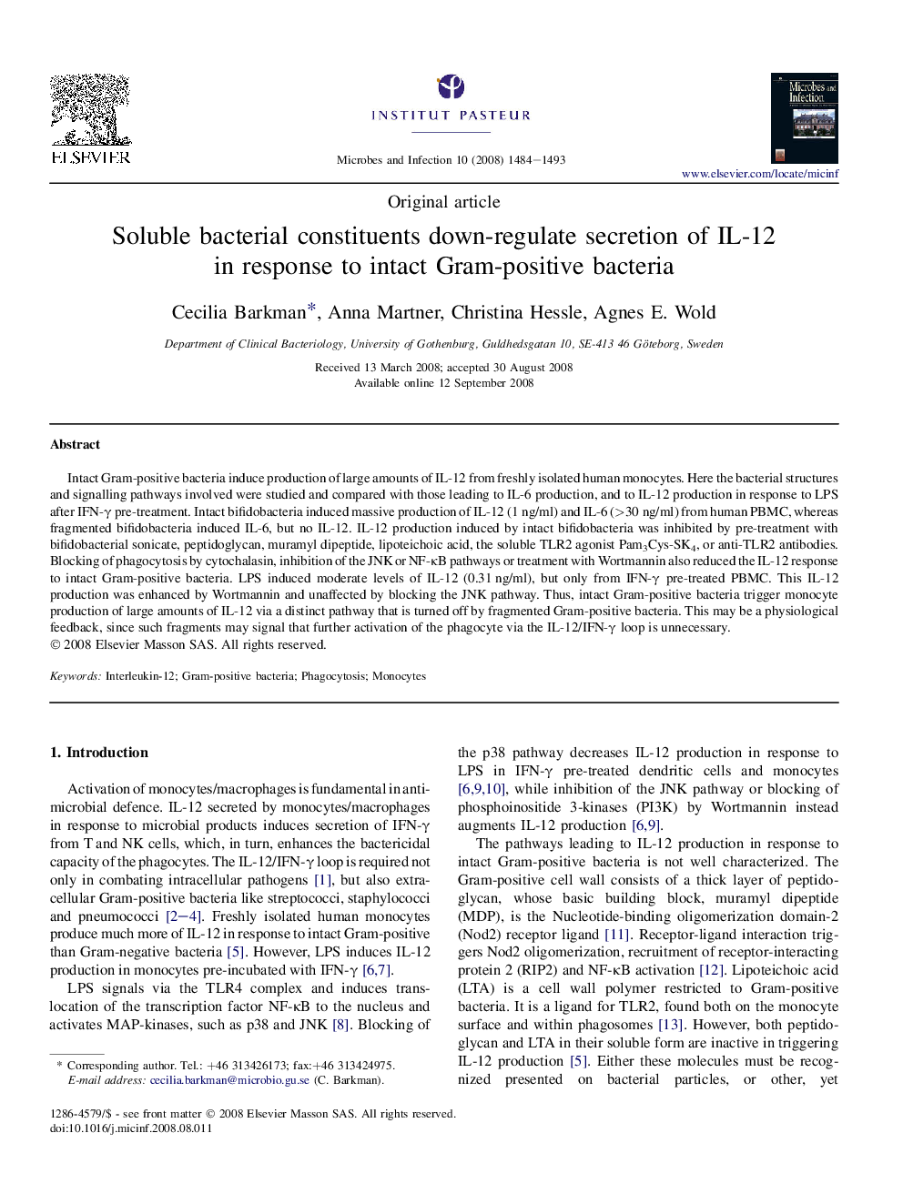 Soluble bacterial constituents down-regulate secretion of IL-12 in response to intact Gram-positive bacteria