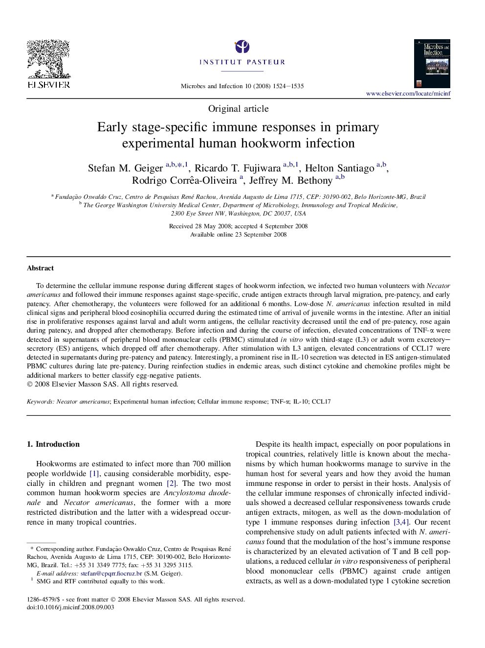 Early stage-specific immune responses in primary experimental human hookworm infection