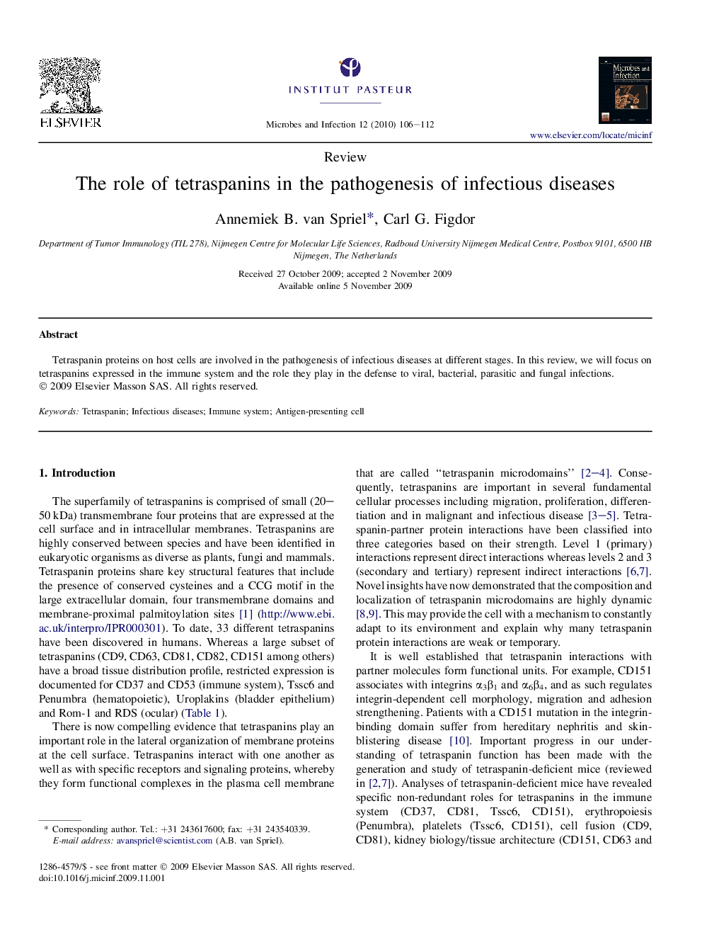 The role of tetraspanins in the pathogenesis of infectious diseases