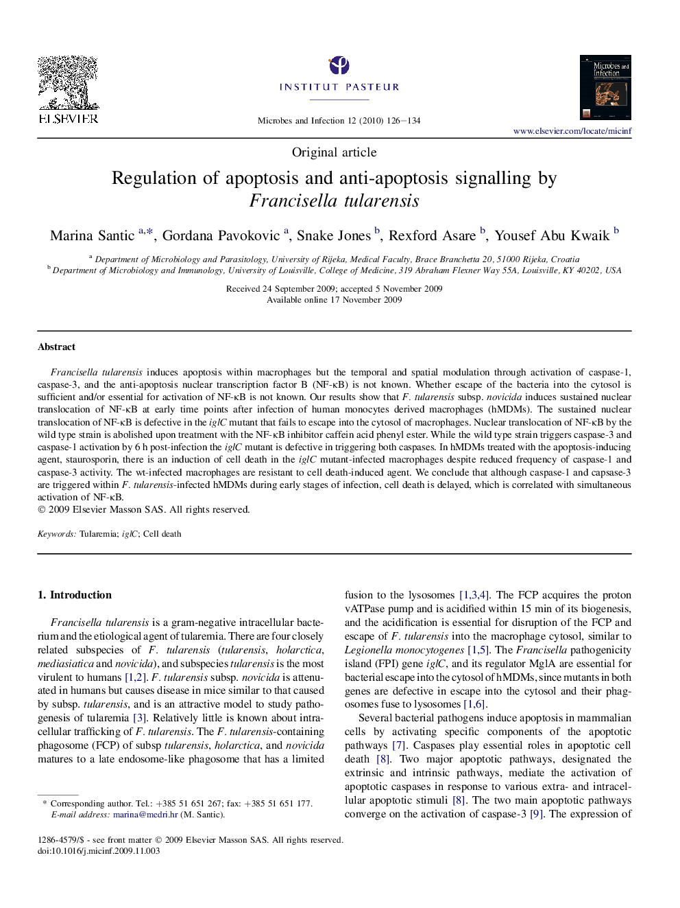 عکس صفحه اول مقاله: Regulation of apoptosis and anti-apoptosis signalling by Francisella tularensis Regulation of apoptosis and anti-apoptosis signalling by Francisella tularensis