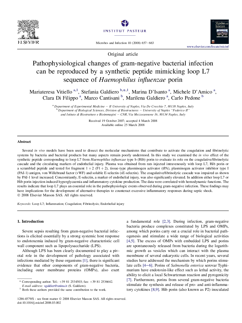 Pathophysiological changes of gram-negative bacterial infection can be reproduced by a synthetic peptide mimicking loop L7 sequence of Haemophilus influenzae porin