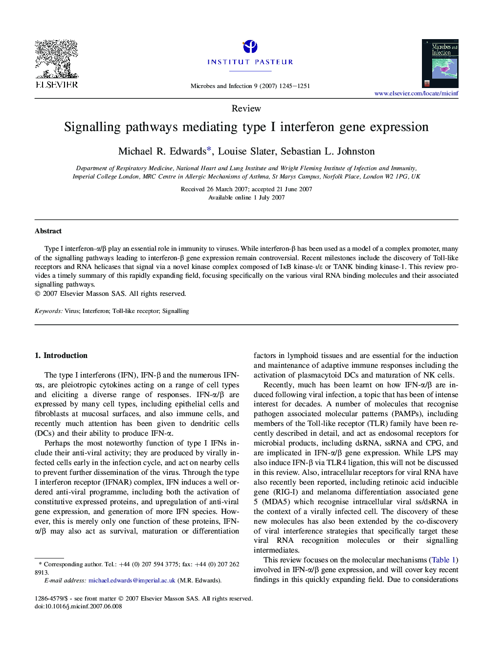 Signalling pathways mediating type I interferon gene expression