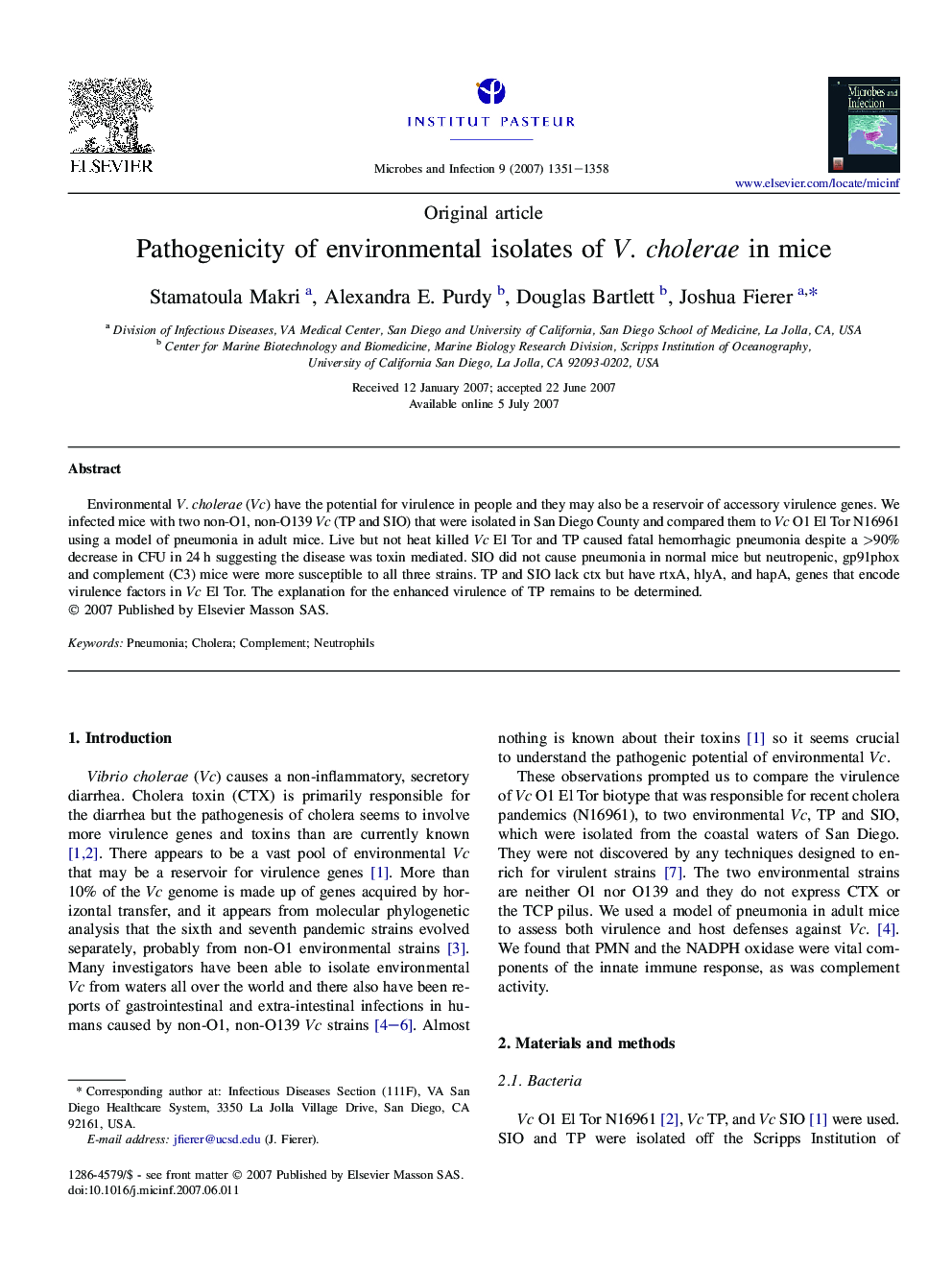 Pathogenicity of environmental isolates of V. cholerae in mice