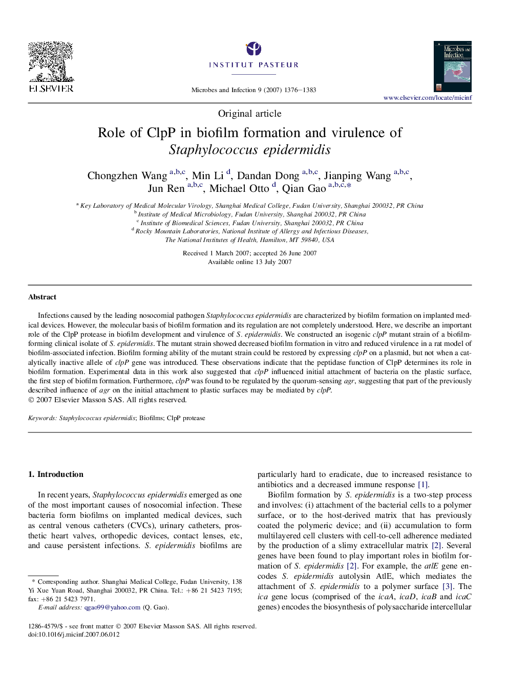 Role of ClpP in biofilm formation and virulence of Staphylococcus epidermidis