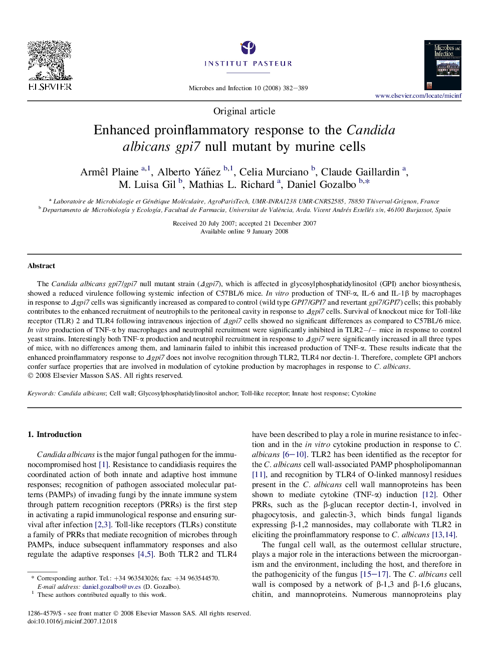 Enhanced proinflammatory response to the Candida albicans gpi7 null mutant by murine cells