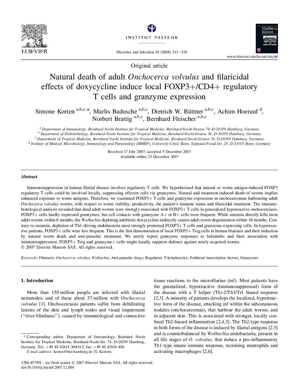 Natural death of adult Onchocerca volvulus and filaricidal effects of doxycycline induce local FOXP3+/CD4+ regulatory T cells and granzyme expression