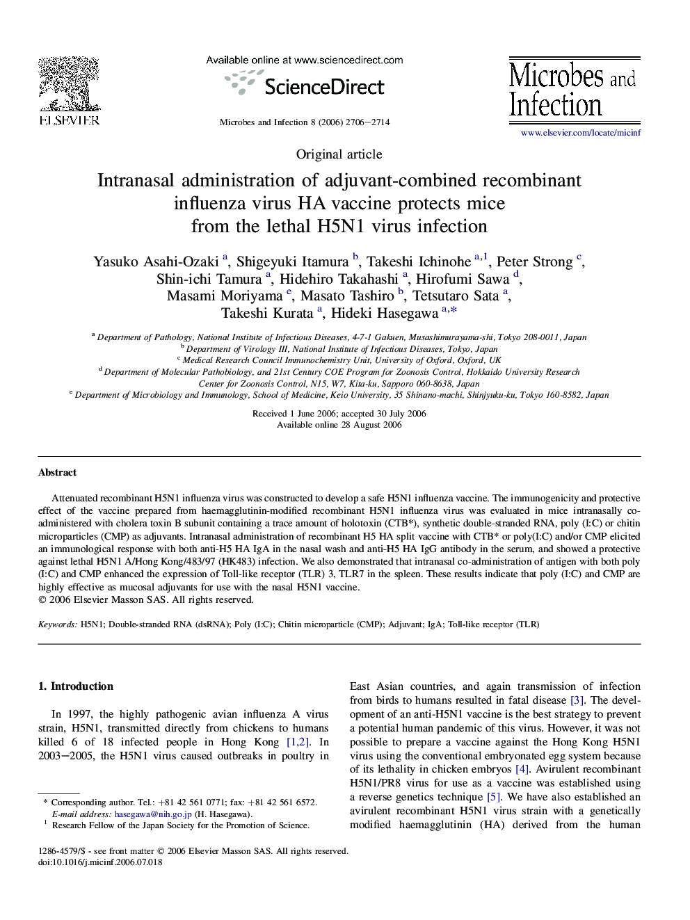 Intranasal administration of adjuvant-combined recombinant influenza virus HA vaccine protects mice from the lethal H5N1 virus infection