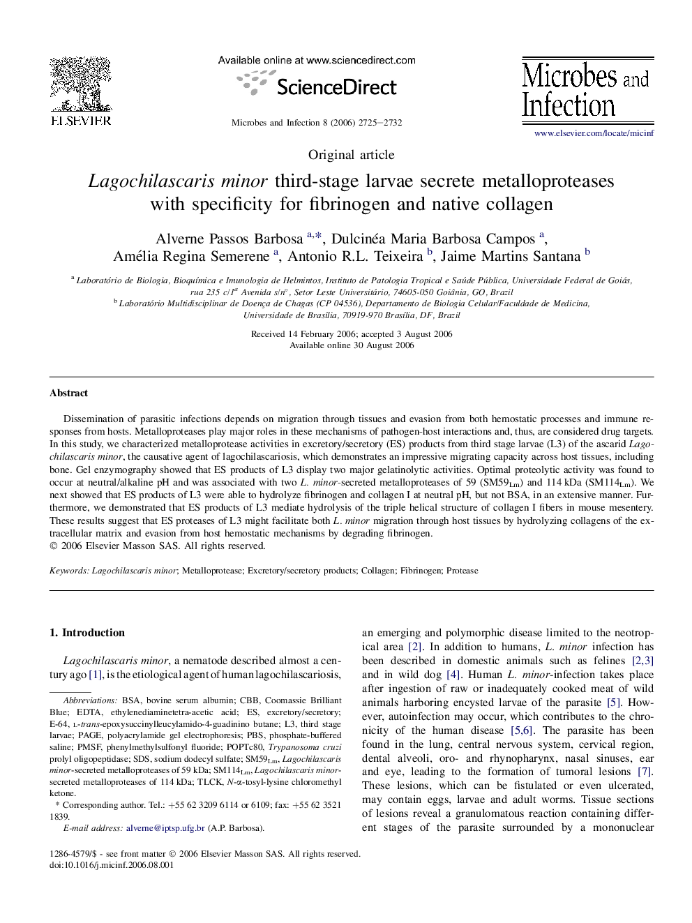 Lagochilascaris minor third-stage larvae secrete metalloproteases with specificity for fibrinogen and native collagen