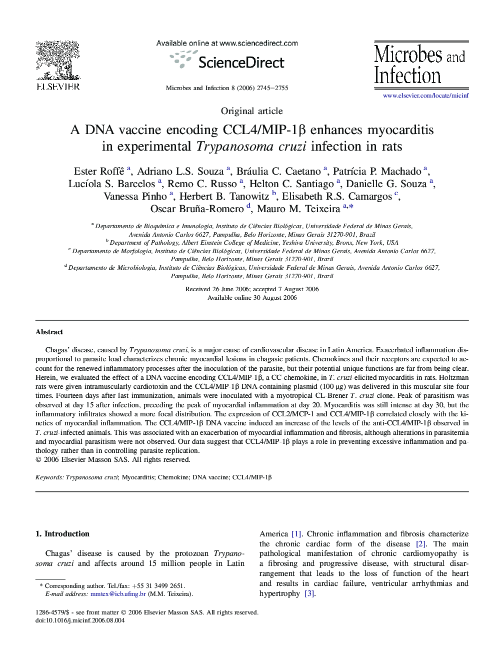 A DNA vaccine encoding CCL4/MIP-1β enhances myocarditis in experimental Trypanosoma cruzi infection in rats