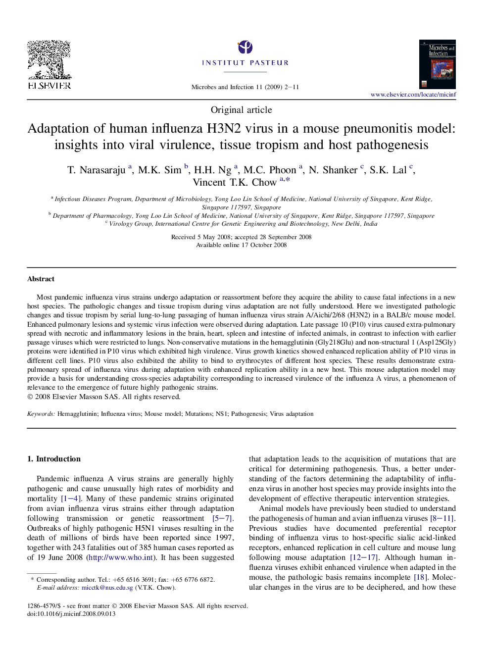 Adaptation of human influenza H3N2 virus in a mouse pneumonitis model: insights into viral virulence, tissue tropism and host pathogenesis