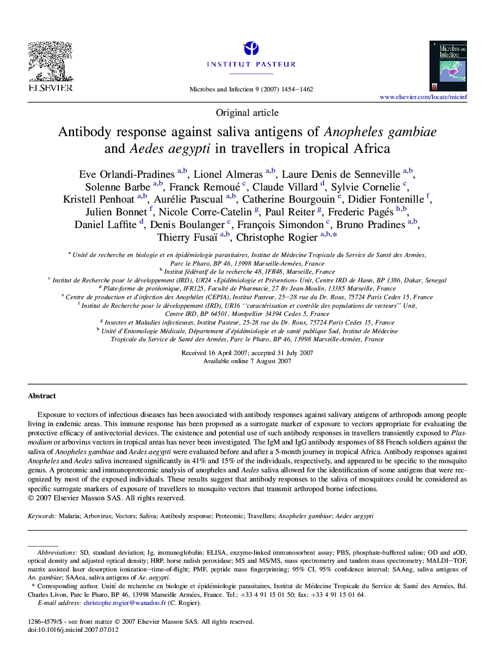 Antibody response against saliva antigens of Anopheles gambiae and Aedes aegypti in travellers in tropical Africa