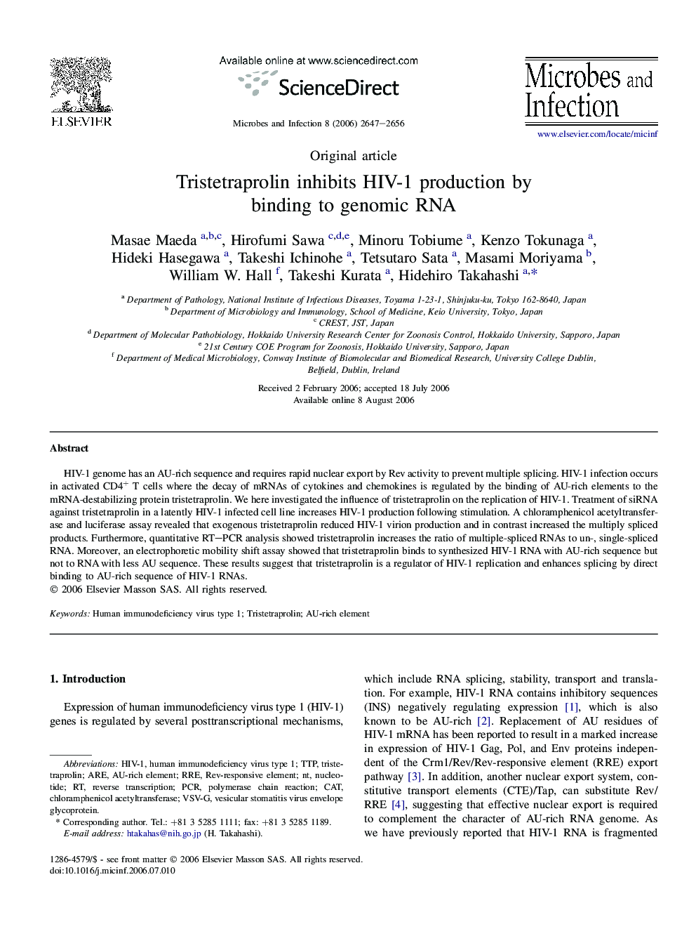 Tristetraprolin inhibits HIV-1 production by binding to genomic RNA