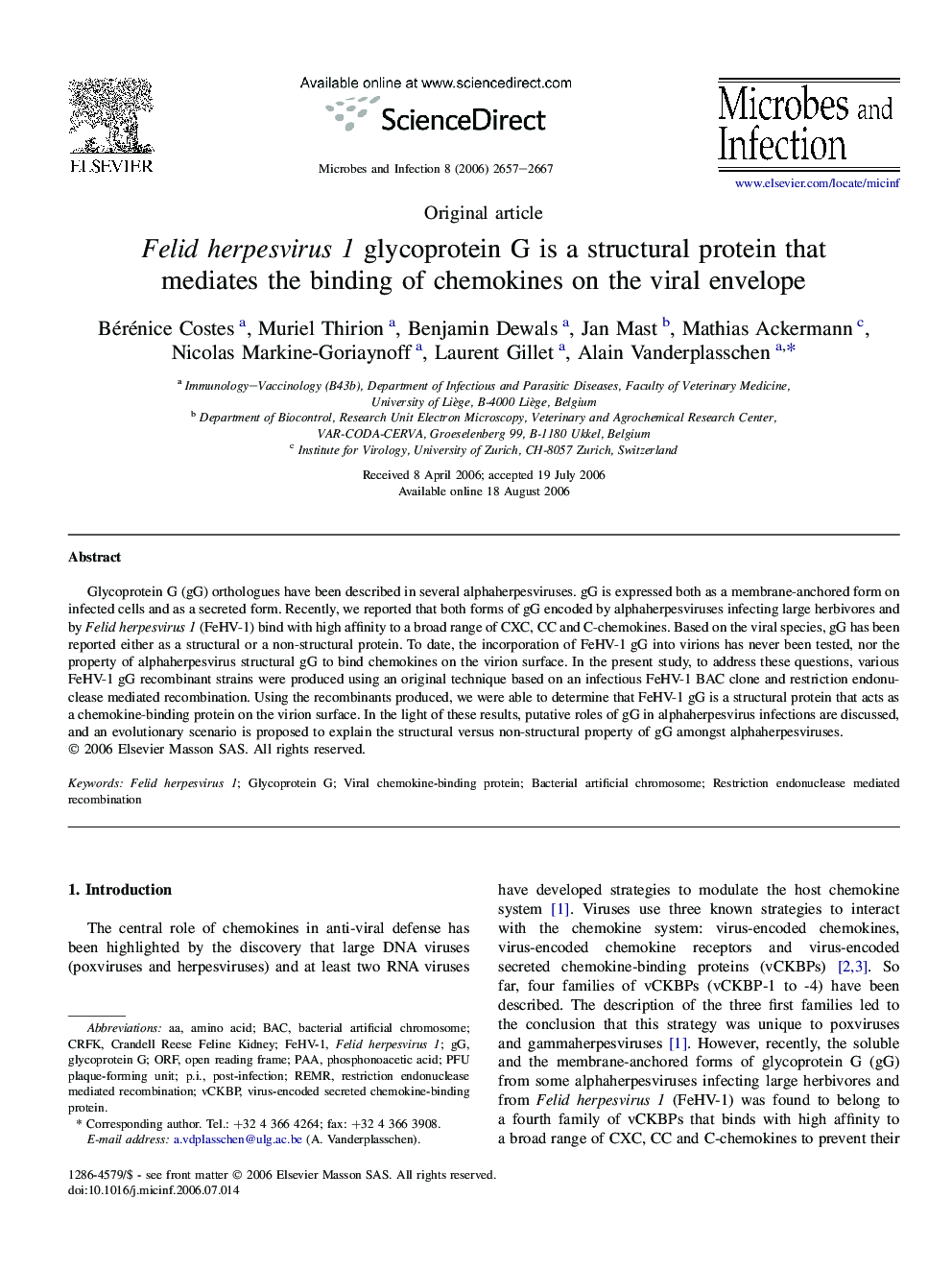 Felid herpesvirus 1 glycoprotein G is a structural protein that mediates the binding of chemokines on the viral envelope