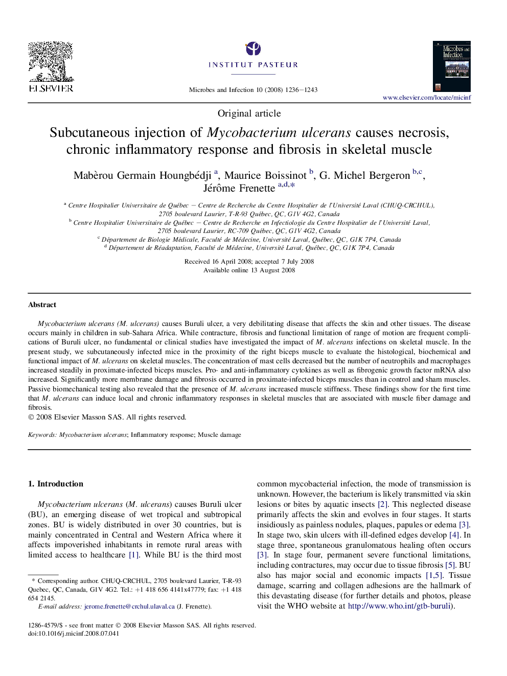 Subcutaneous injection of Mycobacterium ulcerans causes necrosis, chronic inflammatory response and fibrosis in skeletal muscle