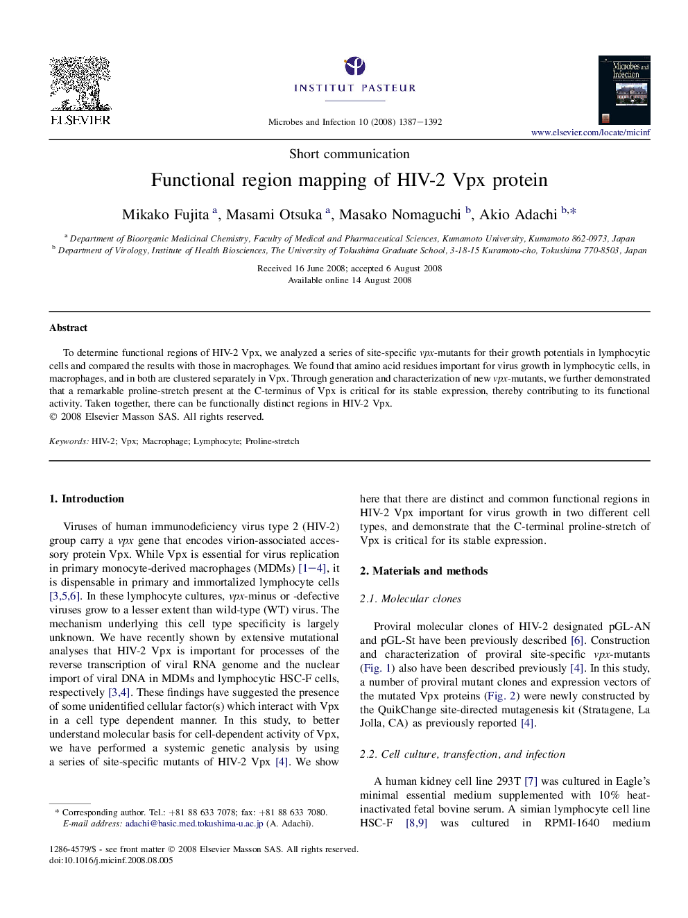 Functional region mapping of HIV-2 Vpx protein