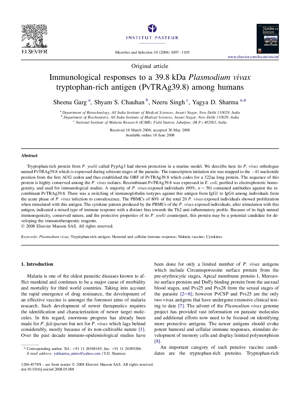 Immunological responses to a 39.8 kDa Plasmodium vivax tryptophan-rich antigen (PvTRAg39.8) among humans