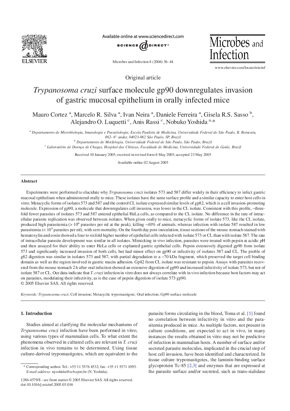 Trypanosoma cruzi surface molecule gp90 downregulates invasion of gastric mucosal epithelium in orally infected mice