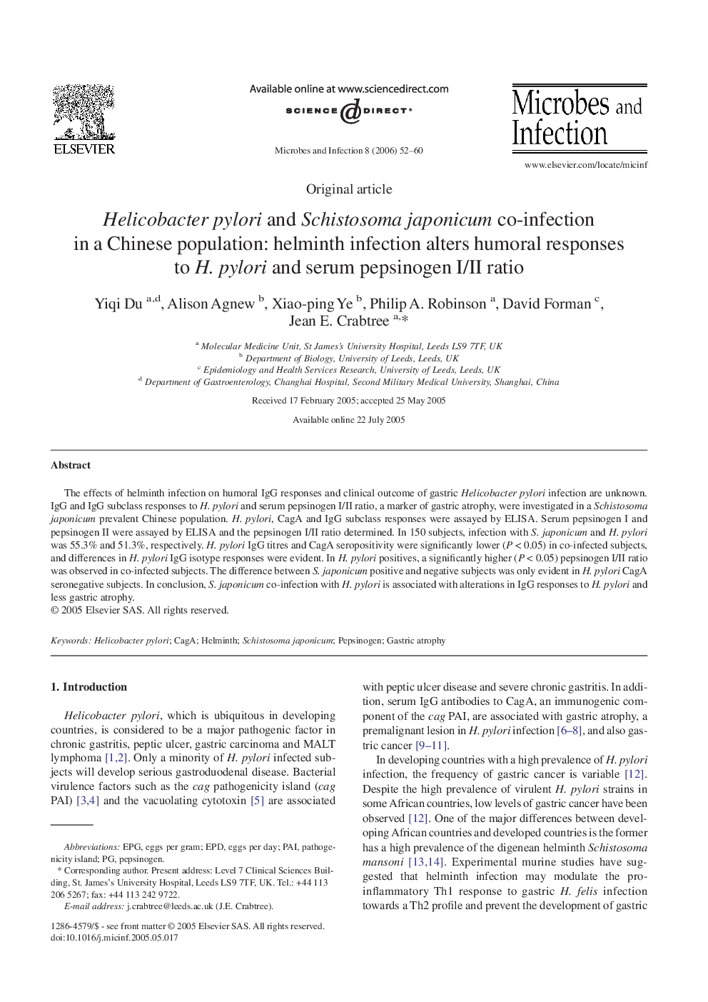 Helicobacter pylori and Schistosoma japonicum co-infection in a Chinese population: helminth infection alters humoral responses to H. pylori and serum pepsinogen I/II ratio