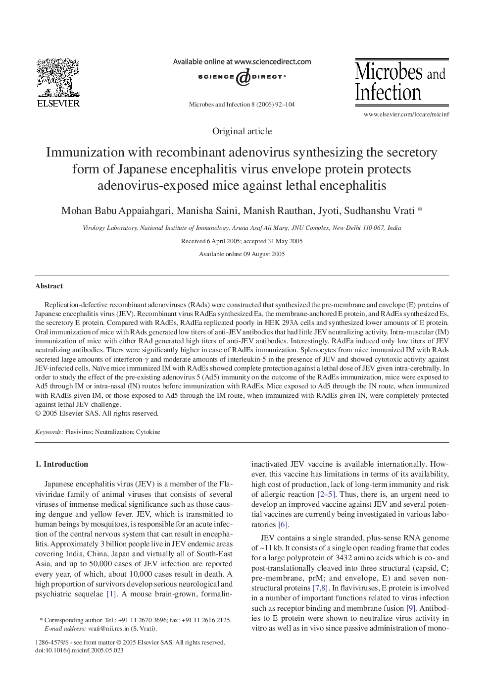 Immunization with recombinant adenovirus synthesizing the secretory form of Japanese encephalitis virus envelope protein protects adenovirus-exposed mice against lethal encephalitis