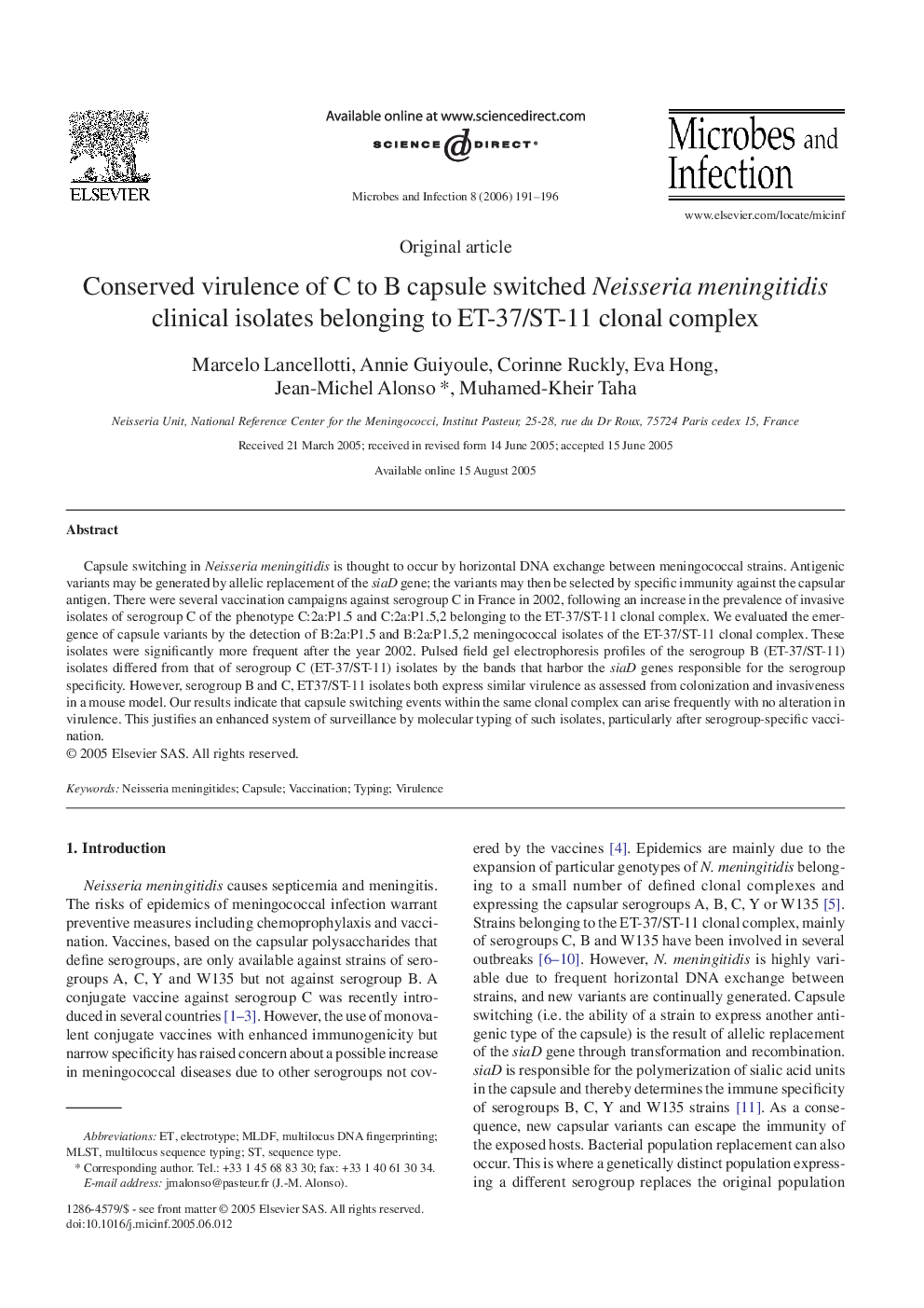 Conserved virulence of C to B capsule switched Neisseria meningitidis clinical isolates belonging to ET-37/ST-11 clonal complex