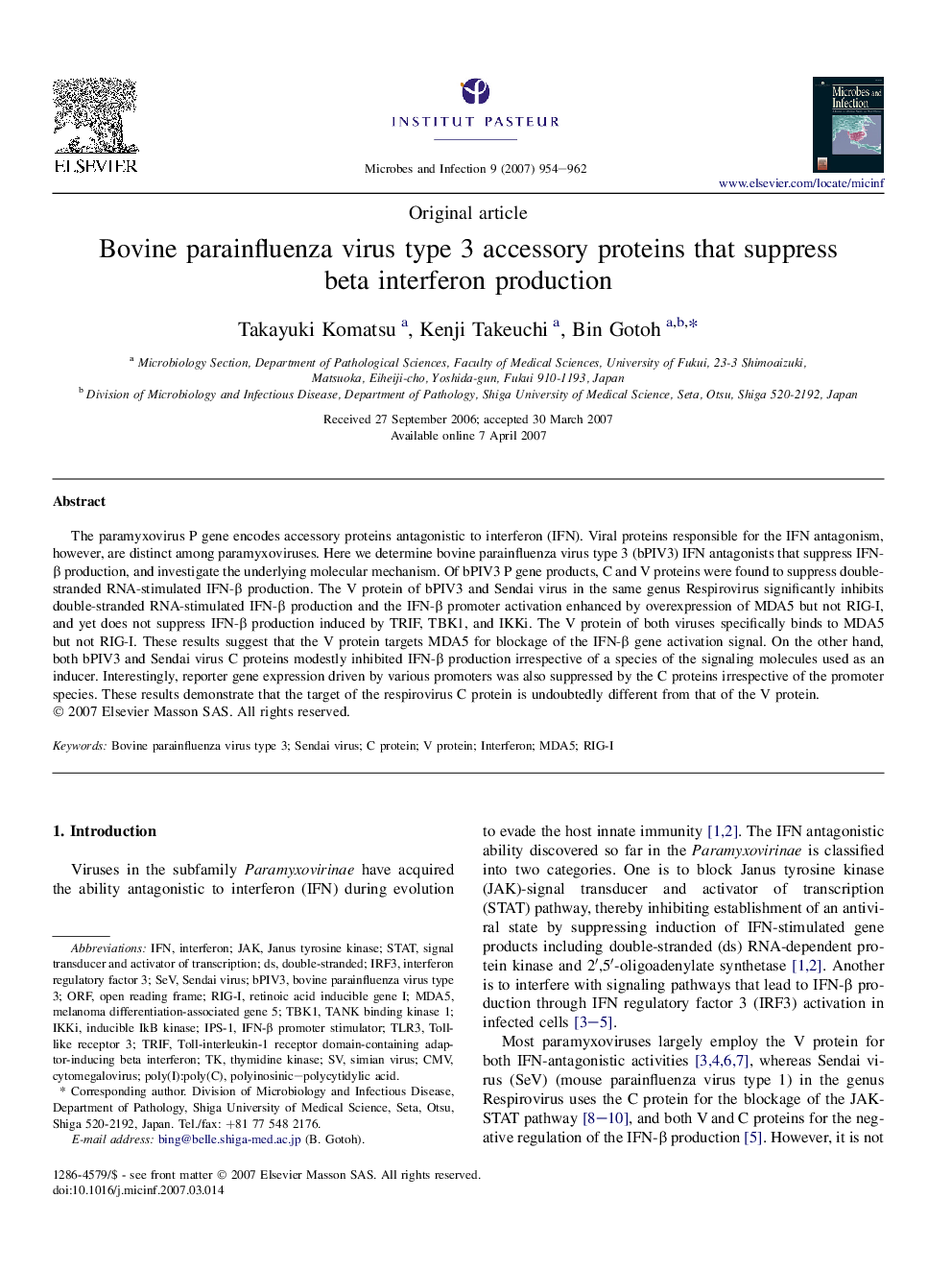 Bovine parainfluenza virus type 3 accessory proteins that suppress beta interferon production