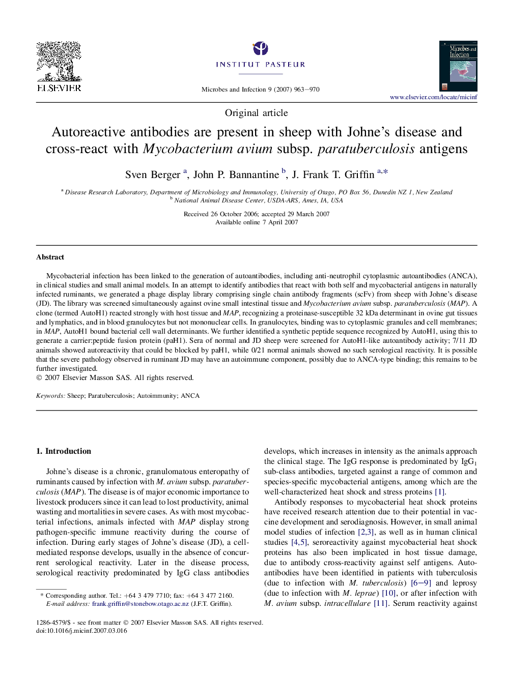 Autoreactive antibodies are present in sheep with Johne's disease and cross-react with Mycobacterium avium subsp. paratuberculosis antigens