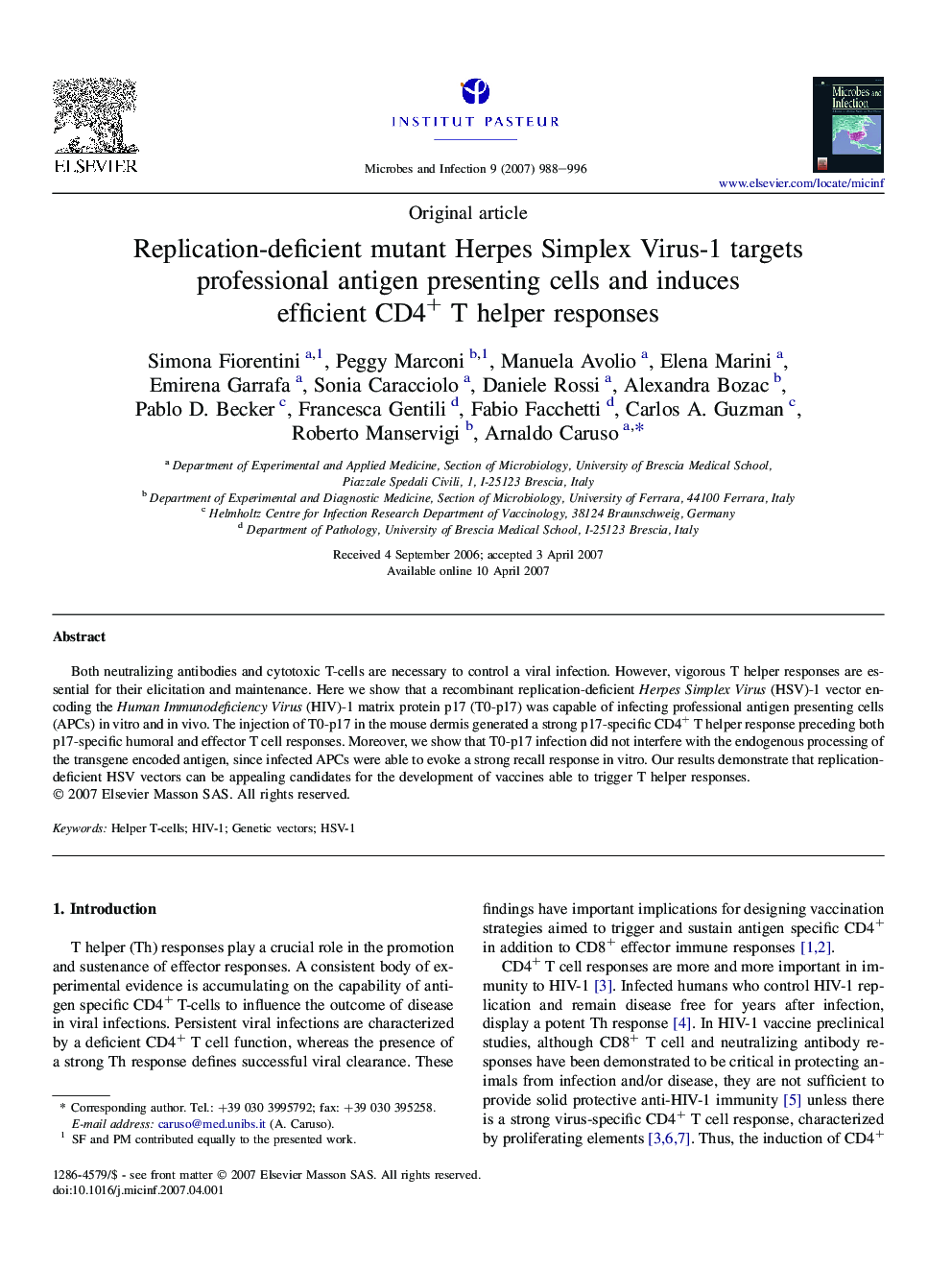 Replication-deficient mutant Herpes Simplex Virus-1 targets professional antigen presenting cells and induces efficient CD4+ T helper responses