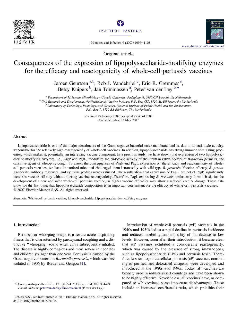 Consequences of the expression of lipopolysaccharide-modifying enzymes for the efficacy and reactogenicity of whole-cell pertussis vaccines