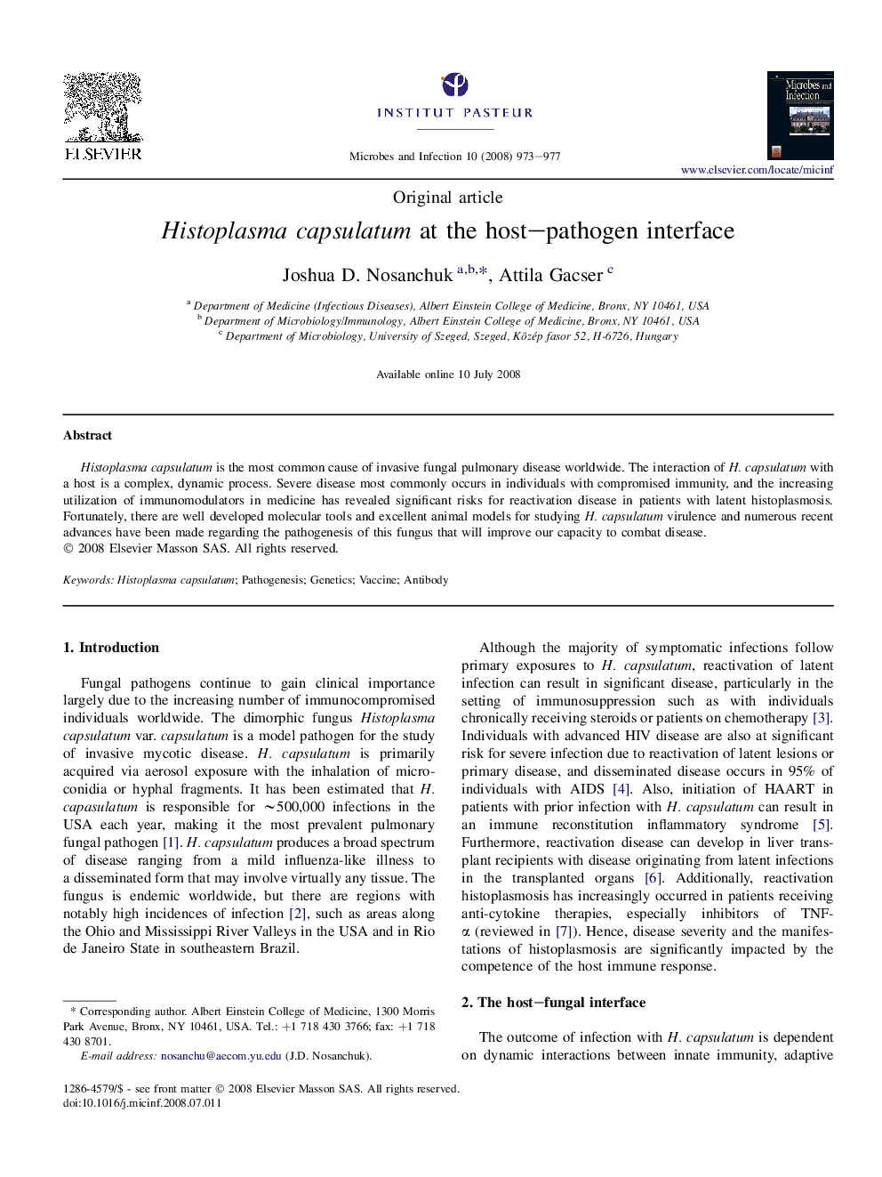 Histoplasma capsulatum at the host–pathogen interface