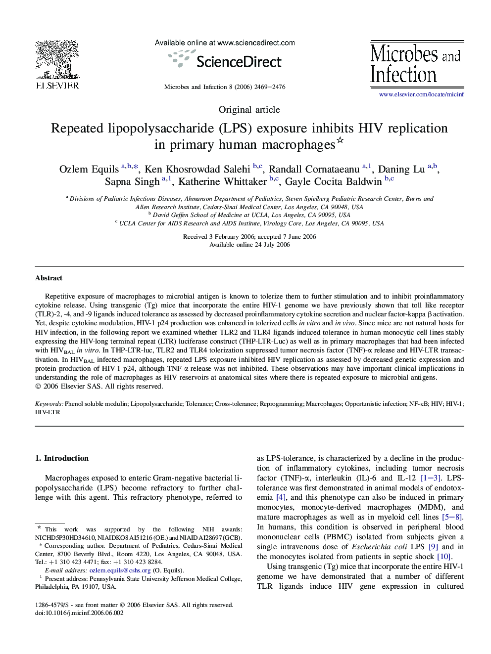 Repeated lipopolysaccharide (LPS) exposure inhibits HIV replication in primary human macrophages 