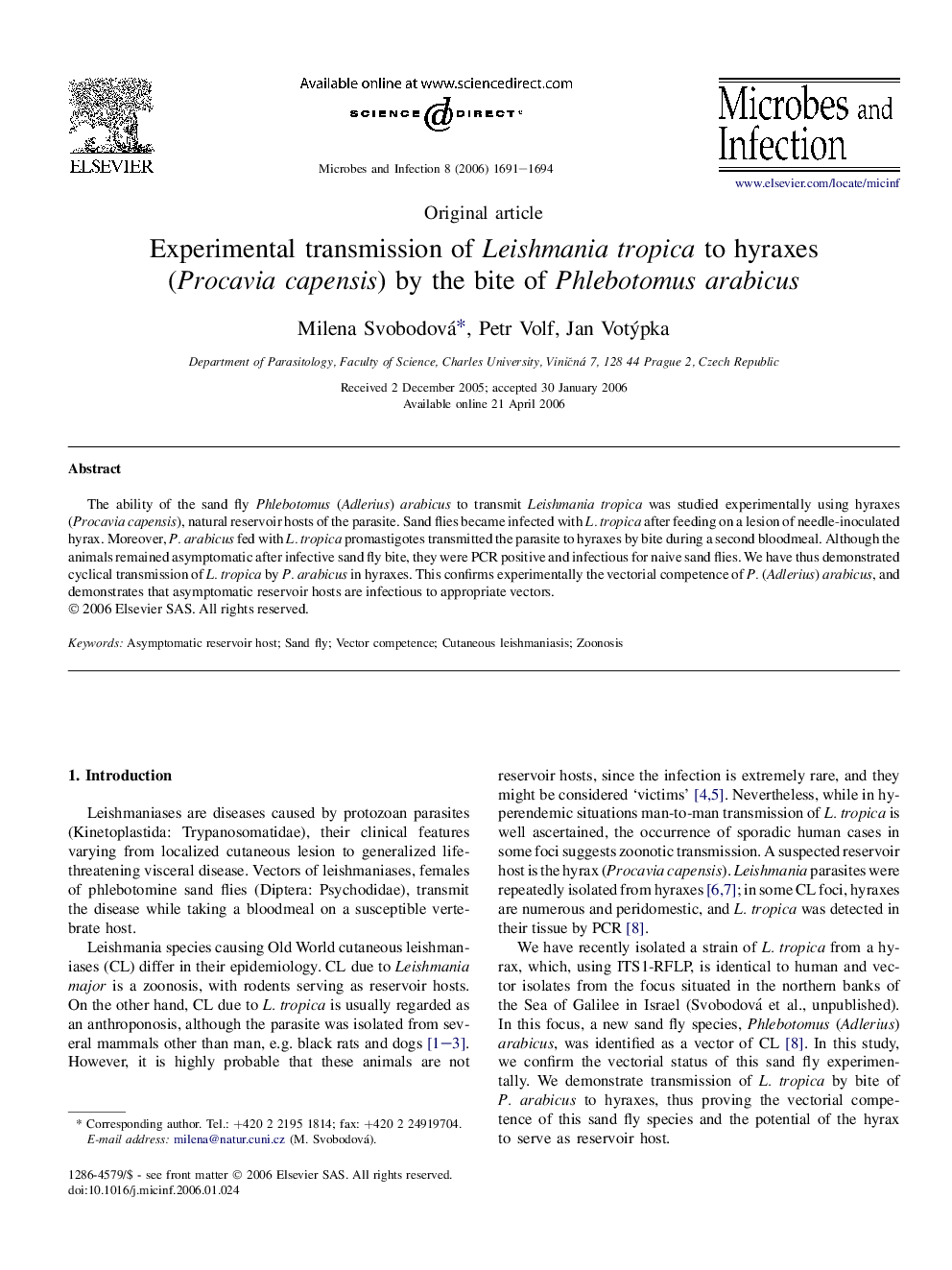 Experimental transmission of Leishmania tropica to hyraxes (Procavia capensis) by the bite of Phlebotomus arabicus