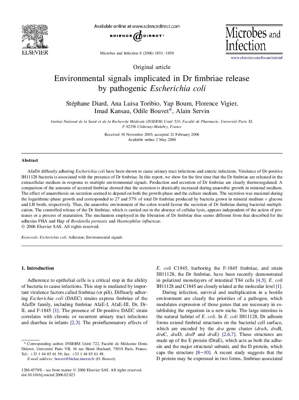 Environmental signals implicated in Dr fimbriae release by pathogenic Escherichia coli