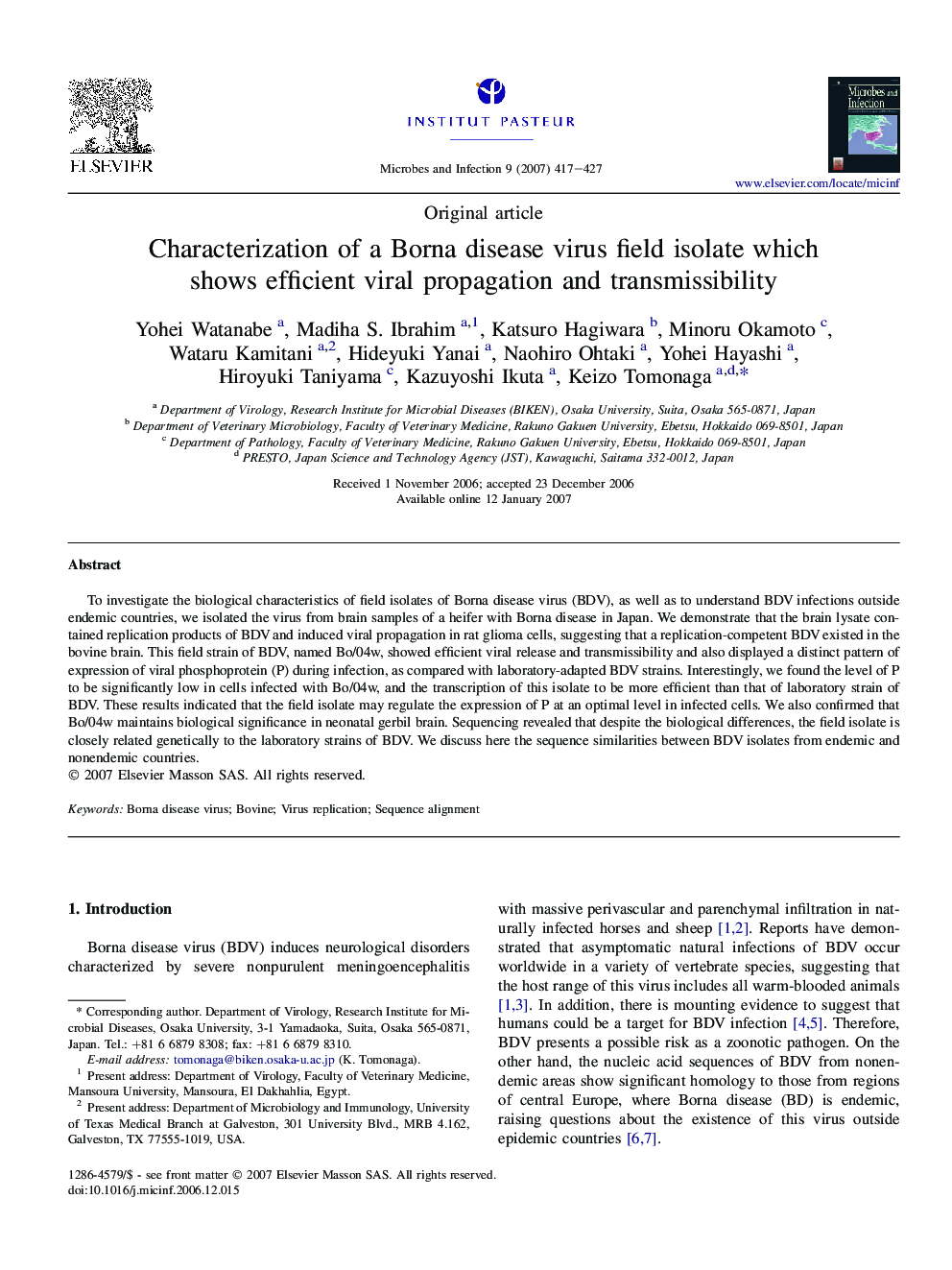 Characterization of a Borna disease virus field isolate which shows efficient viral propagation and transmissibility