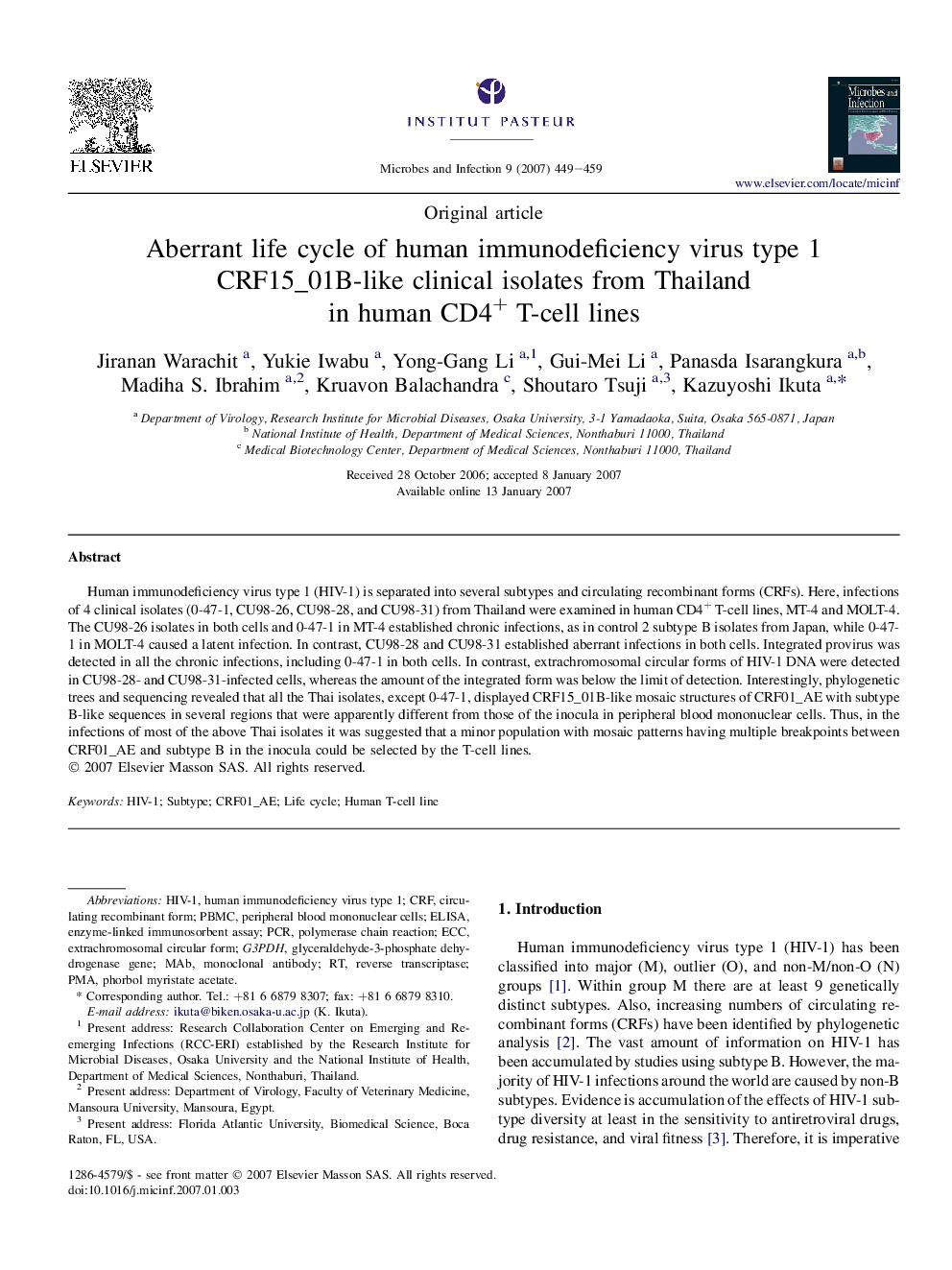 Aberrant life cycle of human immunodeficiency virus type 1 CRF15_01B-like clinical isolates from Thailand in human CD4+ T-cell lines