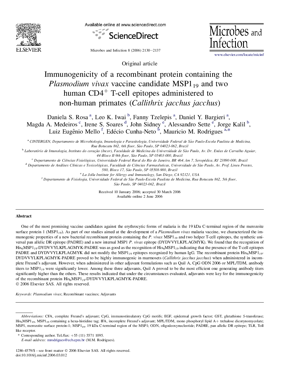 Immunogenicity of a recombinant protein containing the Plasmodium vivax vaccine candidate MSP119 and two human CD4+ T-cell epitopes administered to non-human primates (Callithrix jacchus jacchus)