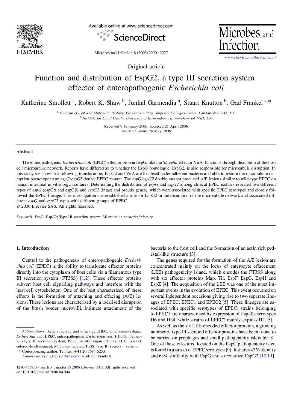 Function and distribution of EspG2, a type III secretion system effector of enteropathogenic Escherichia coli