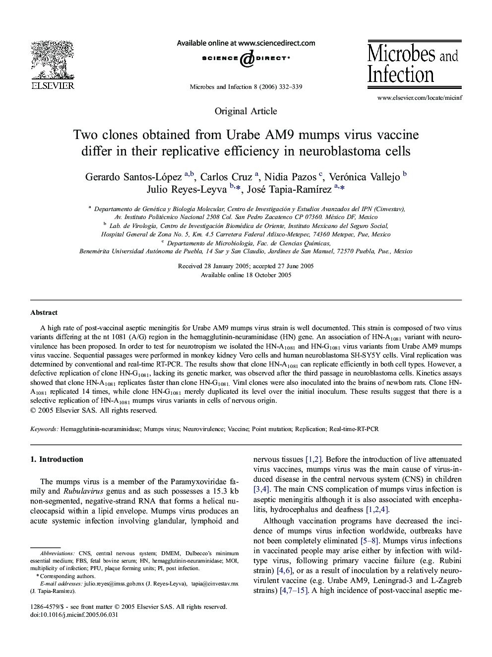 Two clones obtained from Urabe AM9 mumps virus vaccine differ in their replicative efficiency in neuroblastoma cells