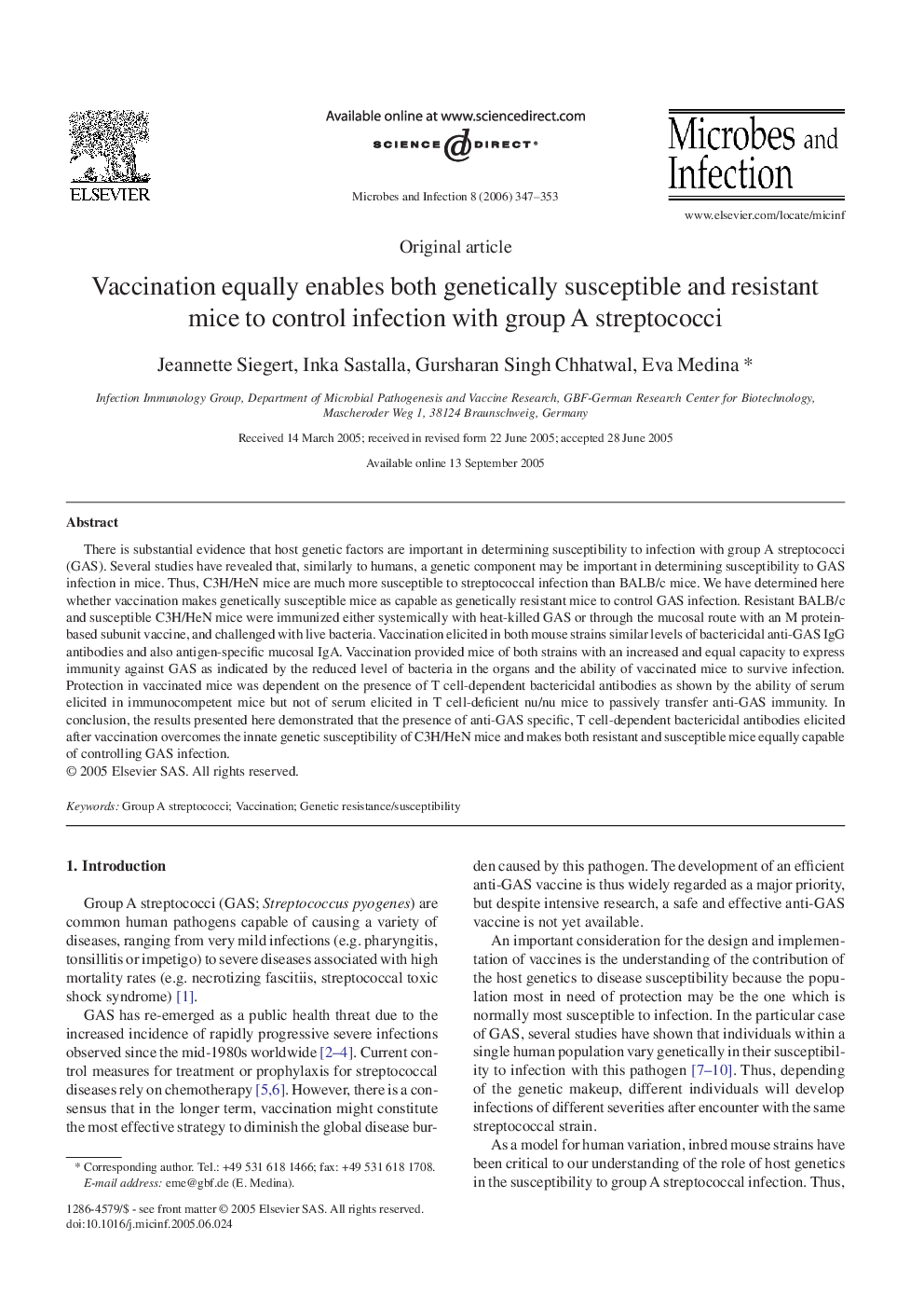 Vaccination equally enables both genetically susceptible and resistant mice to control infection with group A streptococci