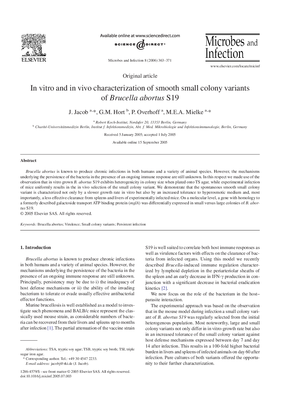 In vitro and in vivo characterization of smooth small colony variants of Brucella abortus S19