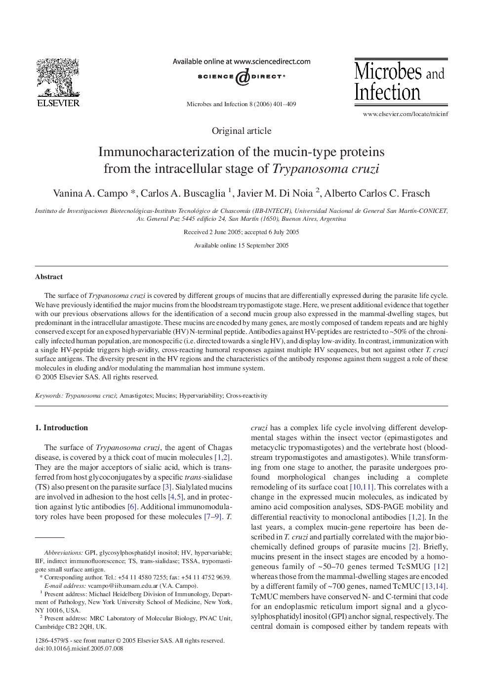 Immunocharacterization of the mucin-type proteins from the intracellular stage of Trypanosoma cruzi