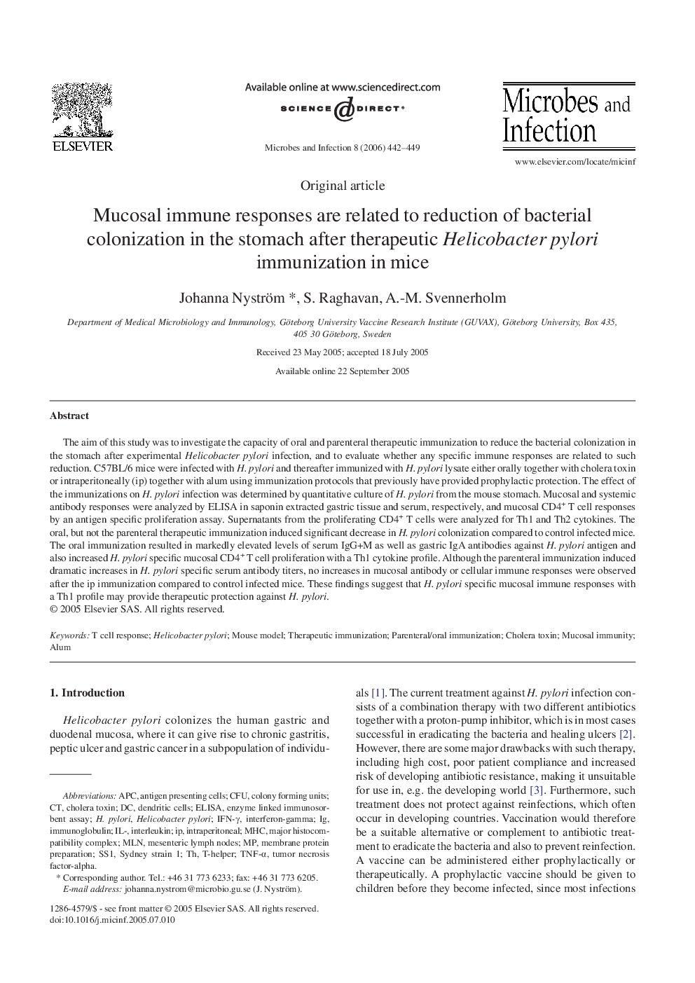 Mucosal immune responses are related to reduction of bacterial colonization in the stomach after therapeutic Helicobacter pylori immunization in mice