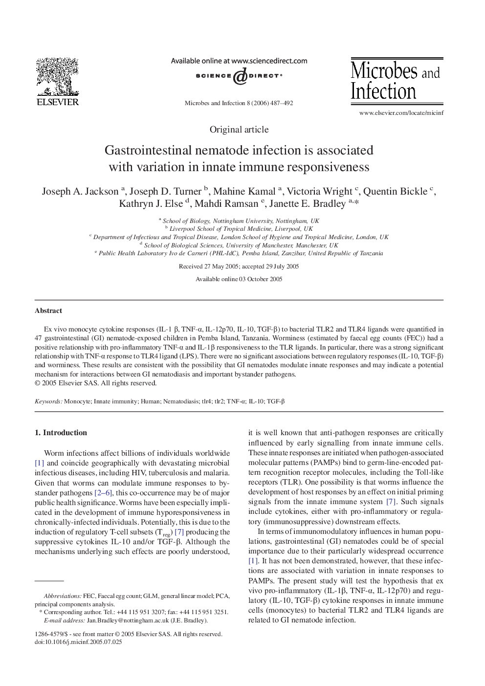 Gastrointestinal nematode infection is associated with variation in innate immune responsiveness