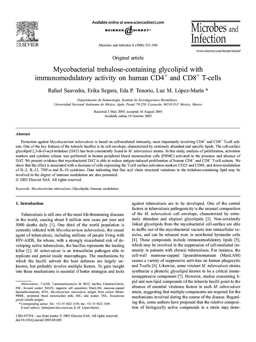 Mycobacterial trehalose-containing glycolipid with immunomodulatory activity on human CD4+ and CD8+ T-cells