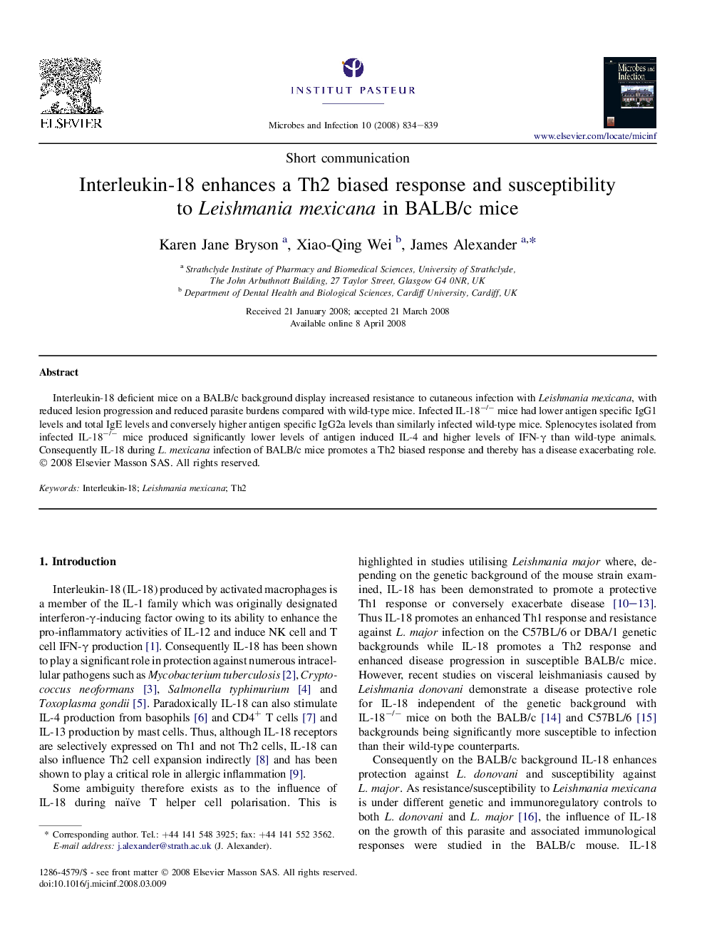 Interleukin-18 enhances a Th2 biased response and susceptibility to Leishmania mexicana in BALB/c mice