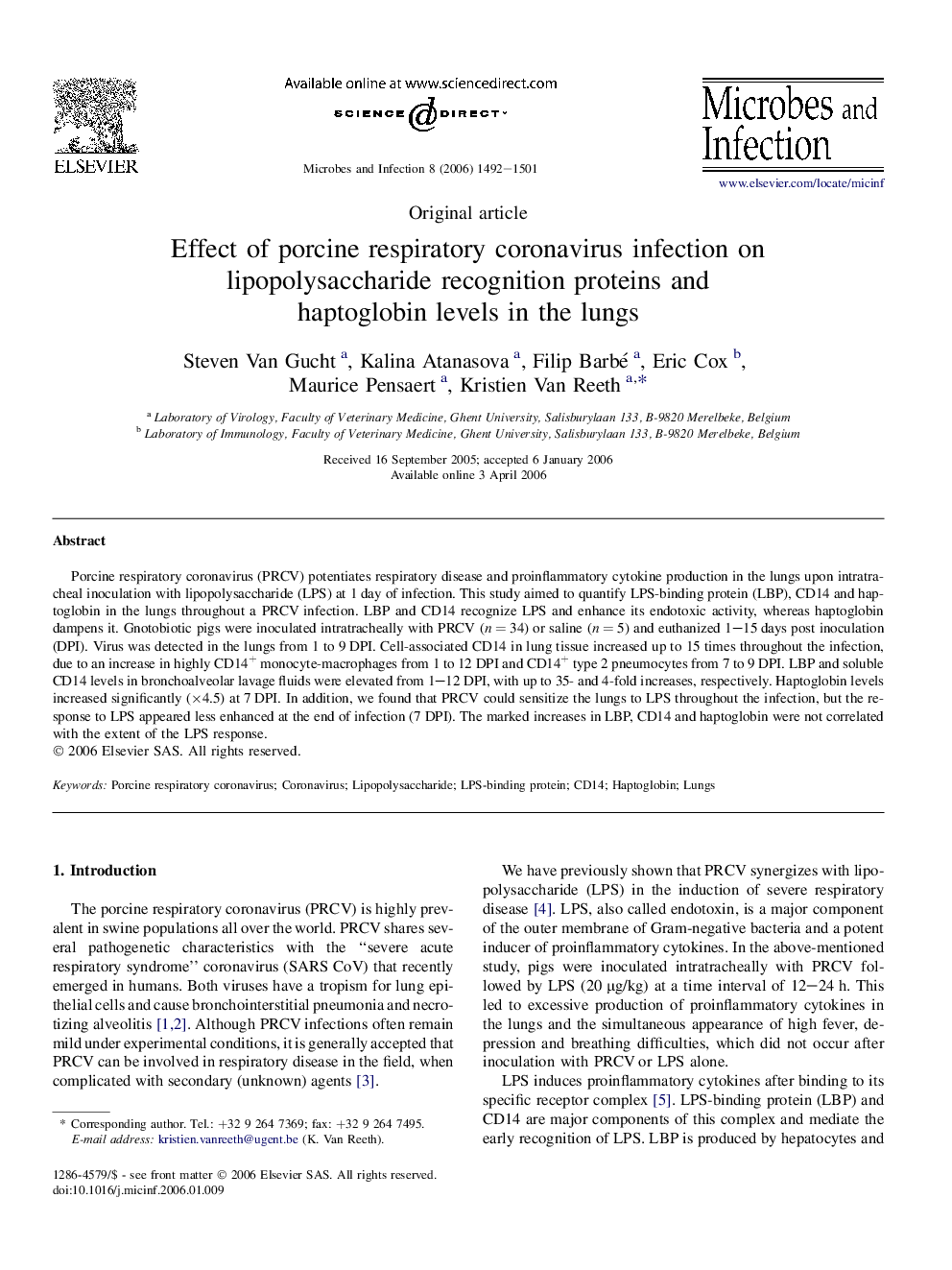 Effect of porcine respiratory coronavirus infection on lipopolysaccharide recognition proteins and haptoglobin levels in the lungs