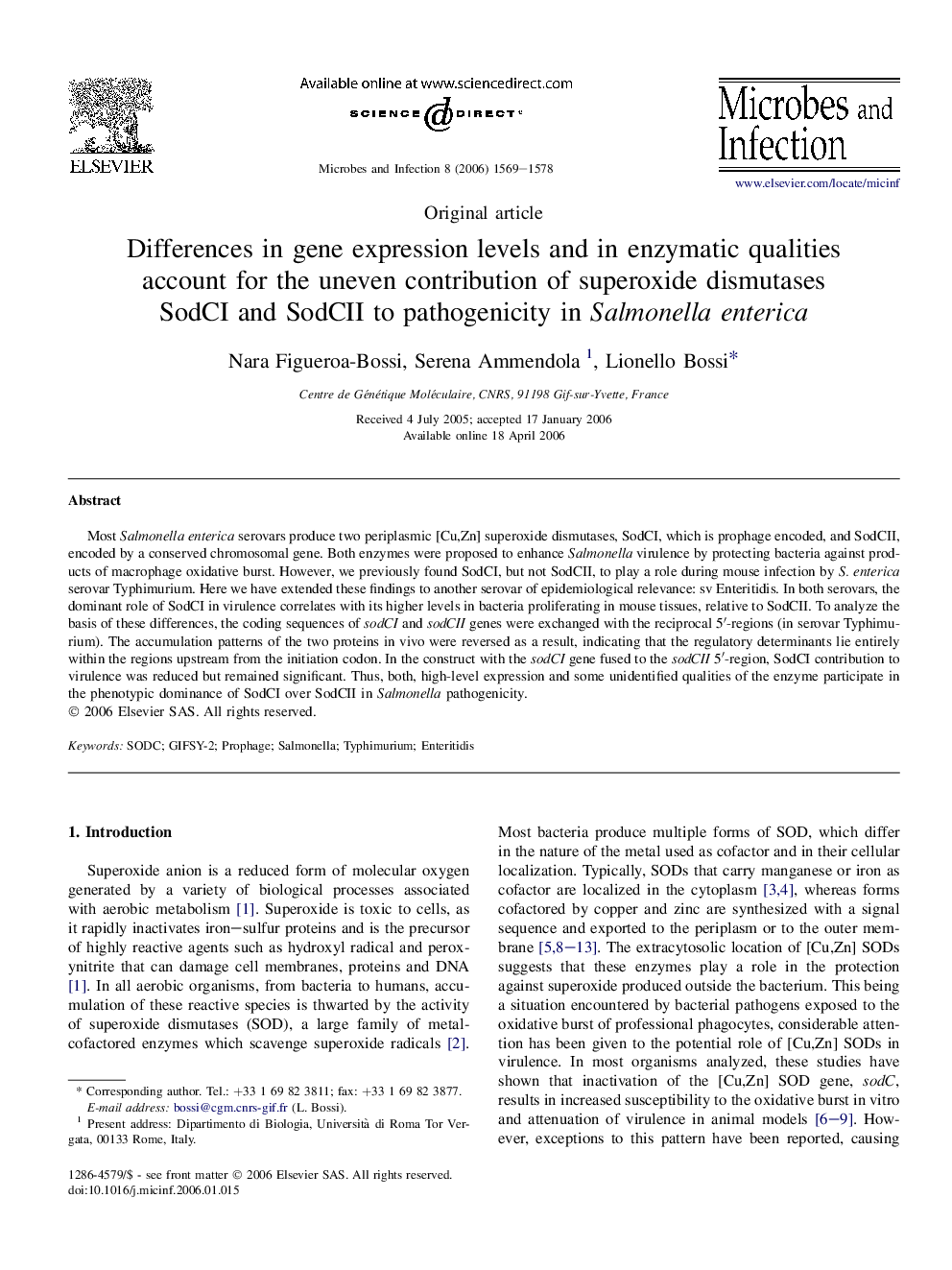 Differences in gene expression levels and in enzymatic qualities account for the uneven contribution of superoxide dismutases SodCI and SodCII to pathogenicity in Salmonella enterica