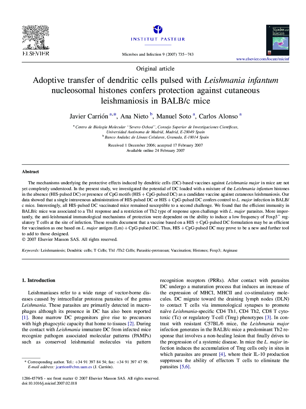 Adoptive transfer of dendritic cells pulsed with Leishmania infantum nucleosomal histones confers protection against cutaneous leishmaniosis in BALB/c mice