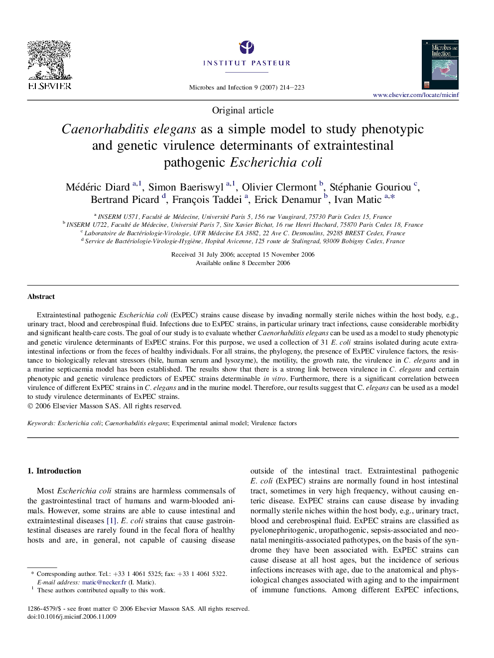 Caenorhabditis elegans as a simple model to study phenotypic and genetic virulence determinants of extraintestinal pathogenic Escherichia coli